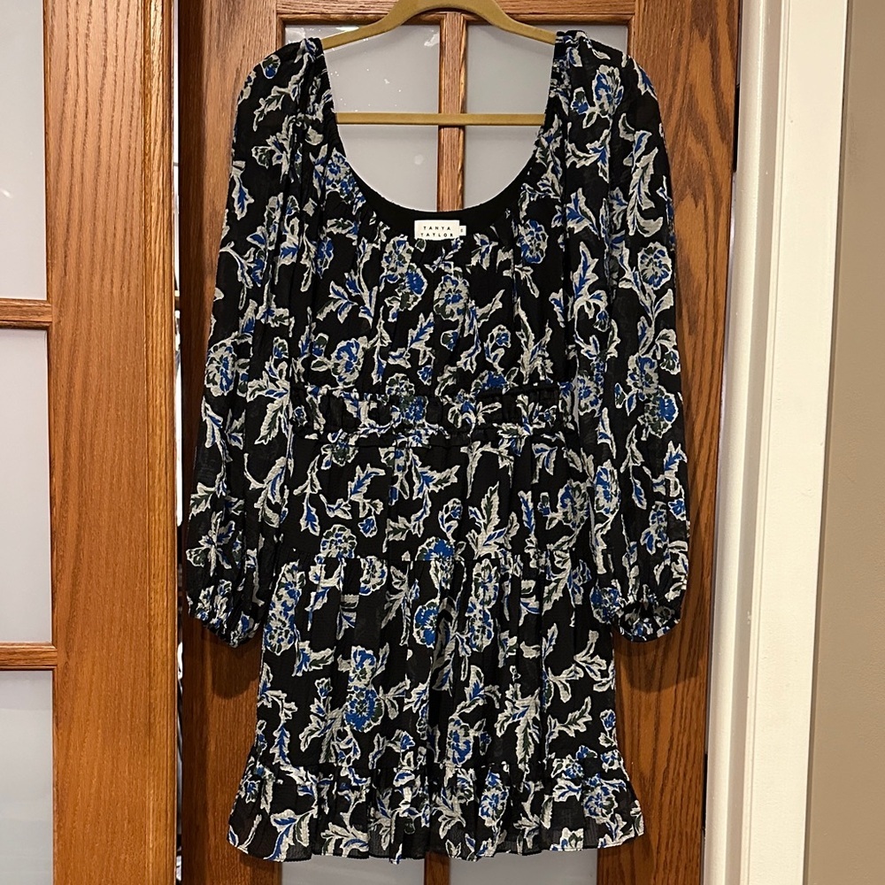 Tanya Taylor Black Floral Tunic with Blue & White Accents​